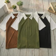 Half Zip Conturst Polo T Shirt- Olive - Image 2