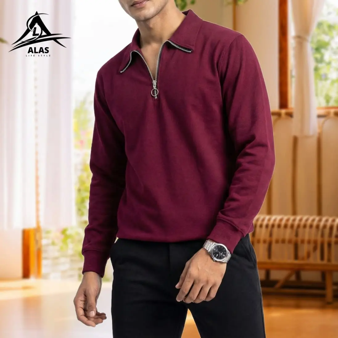 Half Zip Pullover Sweatshirt-Marron - Image 1