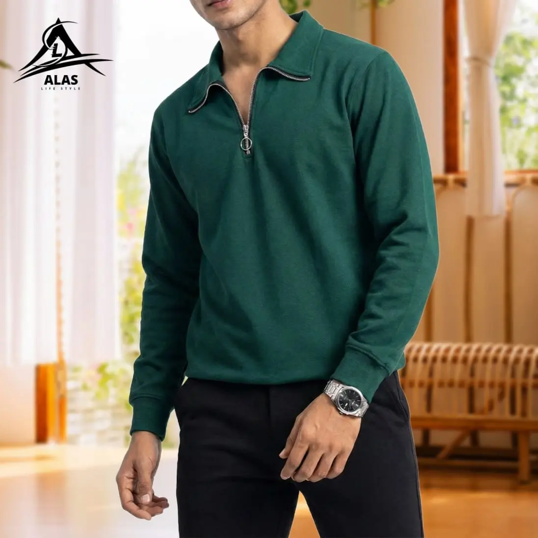 Half Zip Pullover Sweatshirt- Bottol Green - Image 1