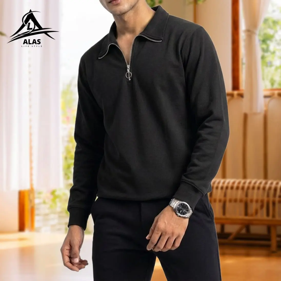 Half Zip Pullover Sweatshirt- Black - Image 1