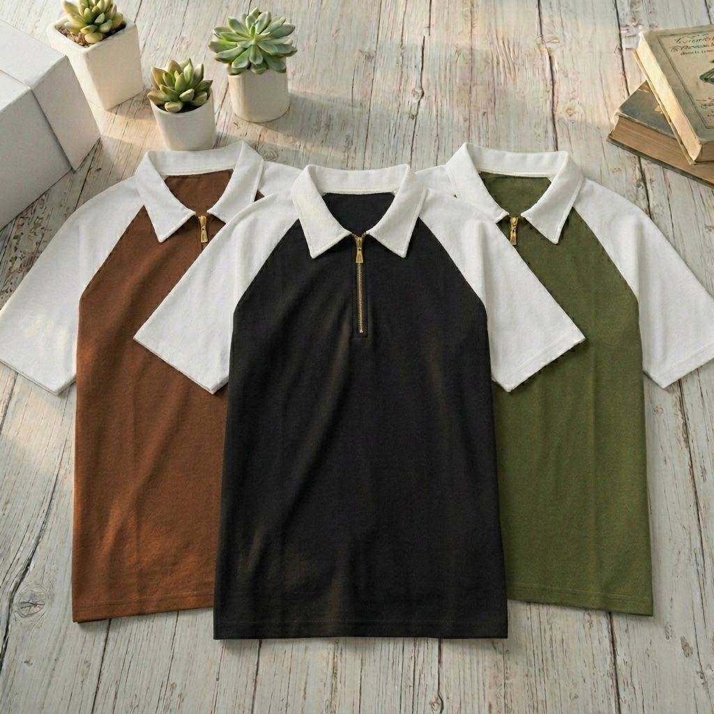 Half Zip Conturst Polo T Shirt-Black - Image 2