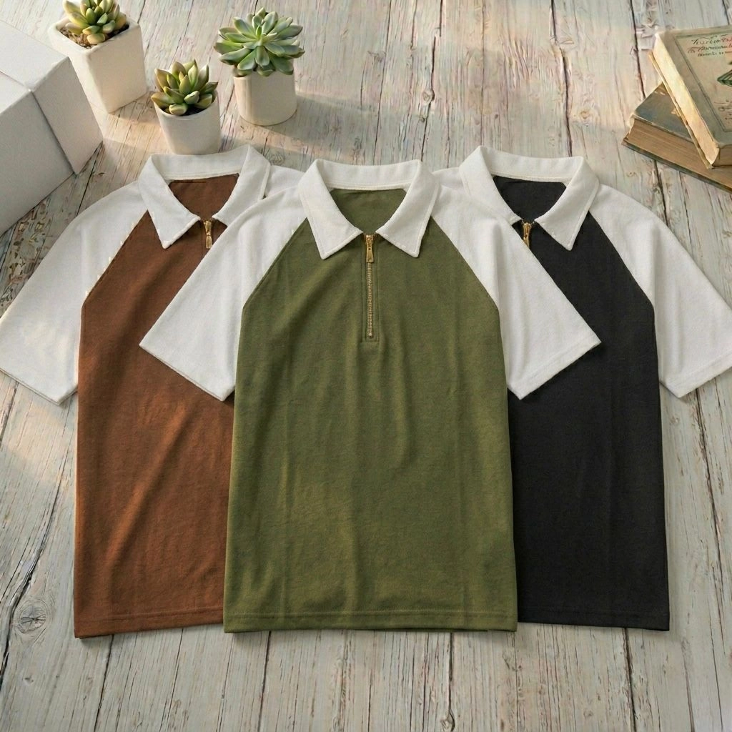 Half Zip Conturst Polo T Shirt- Olive - Image 2