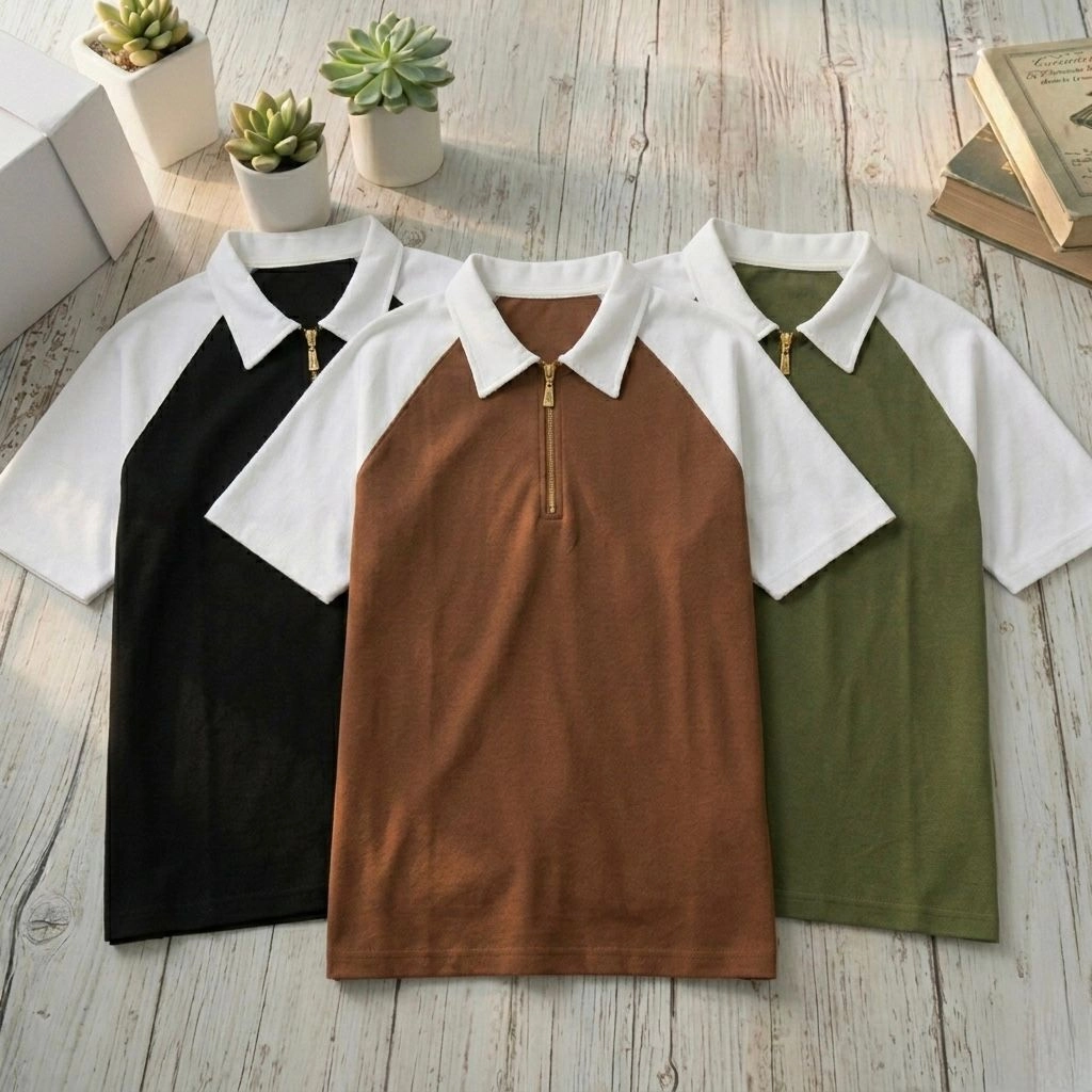 Half Zip Conturst Polo T Shirt-Coffe - Image 2