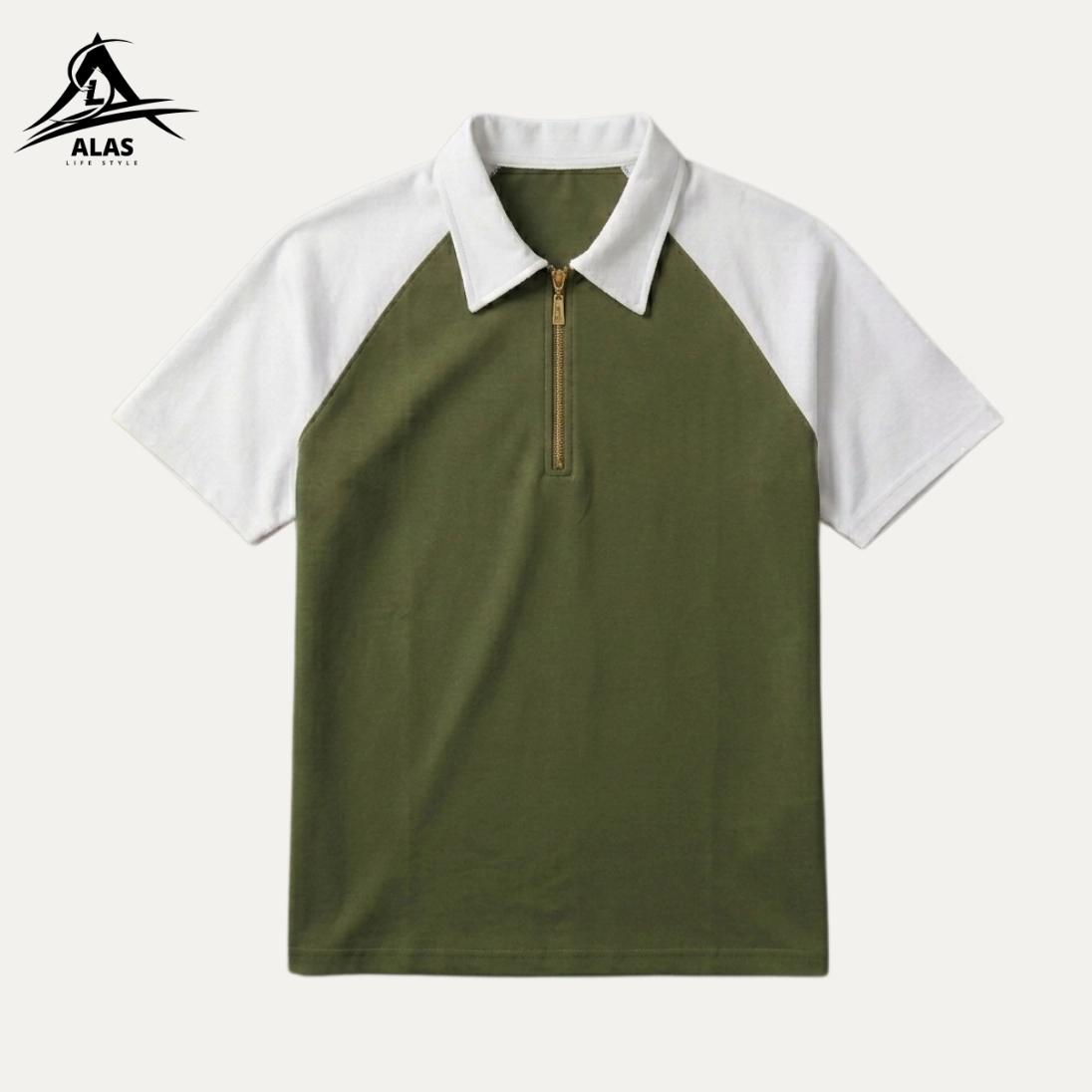 Half Zip Conturst Polo T Shirt- Olive - Image 1