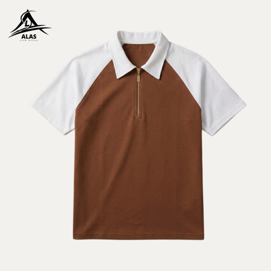 Half Zip Conturst Polo T Shirt-Coffe - Image 1