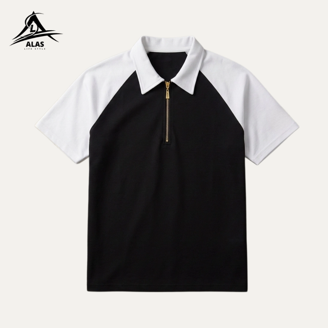 Half Zip Conturst Polo T Shirt-Black - Image 1
