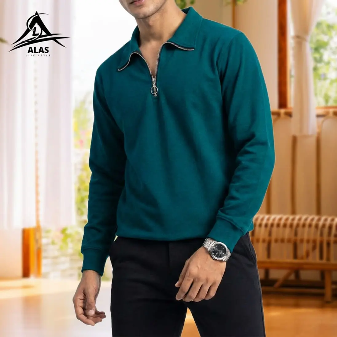 Half Zip Pullover Sweatshirt- Patrol Green - Image 1
