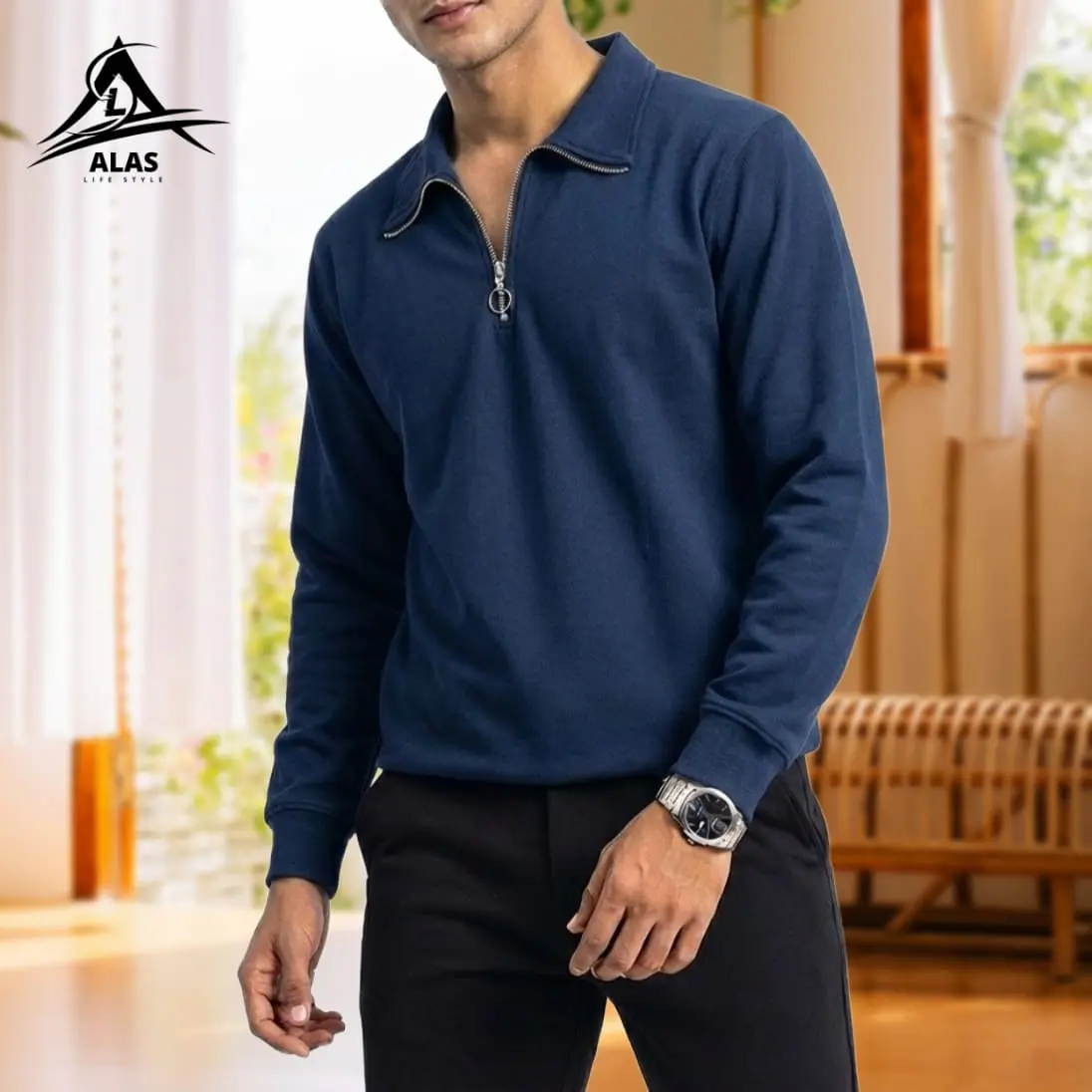 Half Zip Pullover Sweatshirt- Navy - Image 1